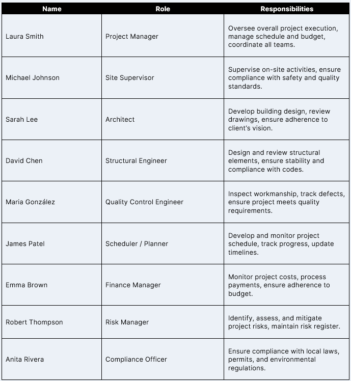 Project management plan example: project team roles and responsibilities section