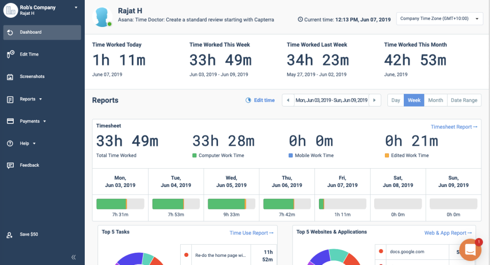Time tracking software for consultants, Time Doctor screenshot