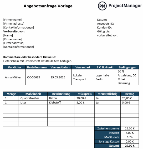 Angebotsanfrage Vorlage