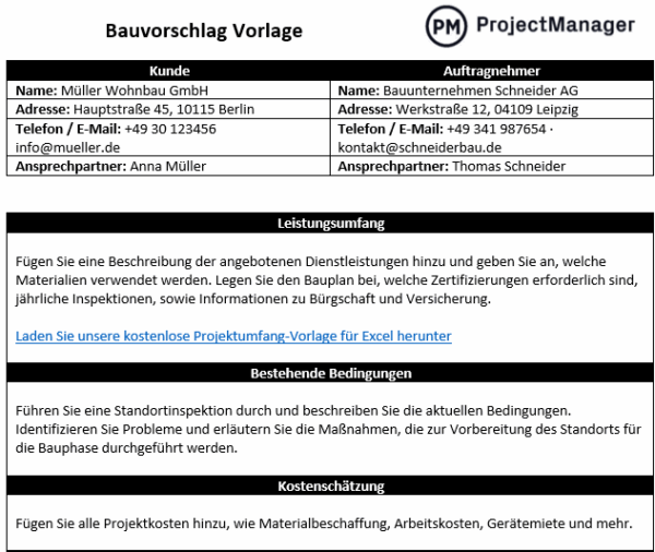 Bauvorschlag Vorlage