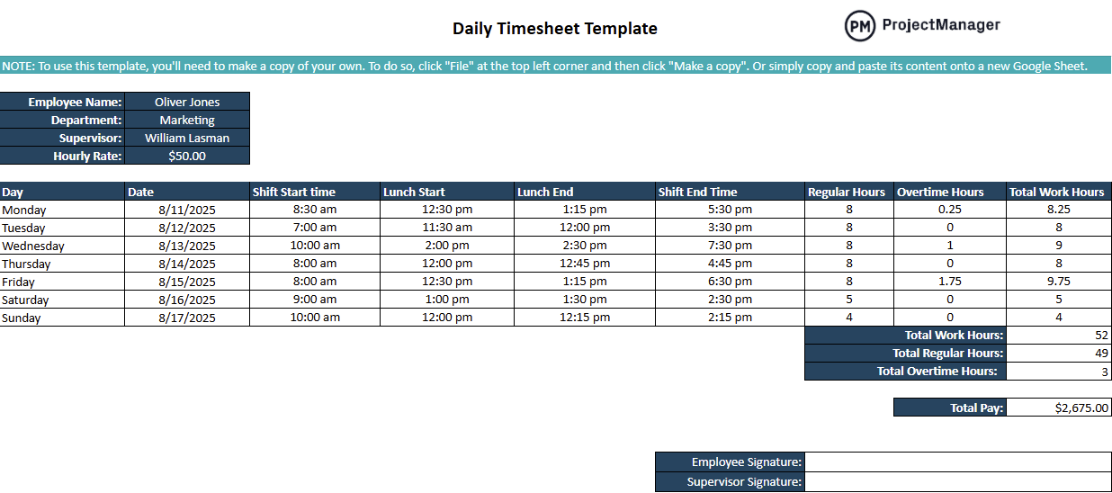 Daily Timesheet Template for Google Sheets