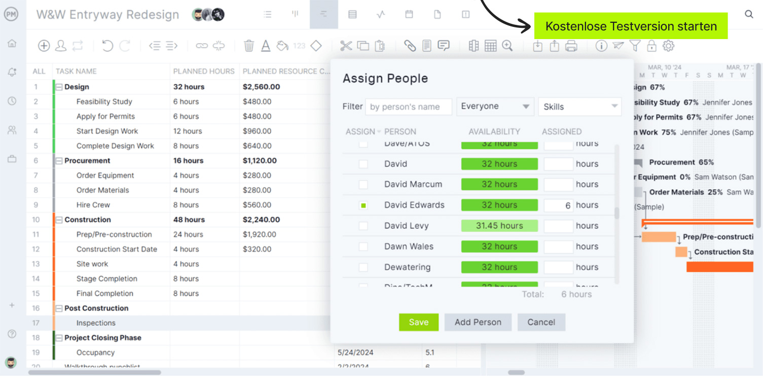 Gantt-Diagramm von ProjectManager mit Funktionen zur Ressourcenzuweisung