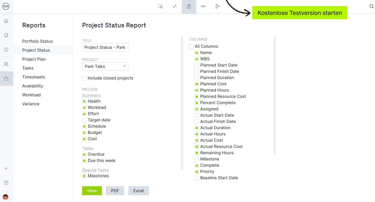 Statusbericht-Filter von ProjectManager