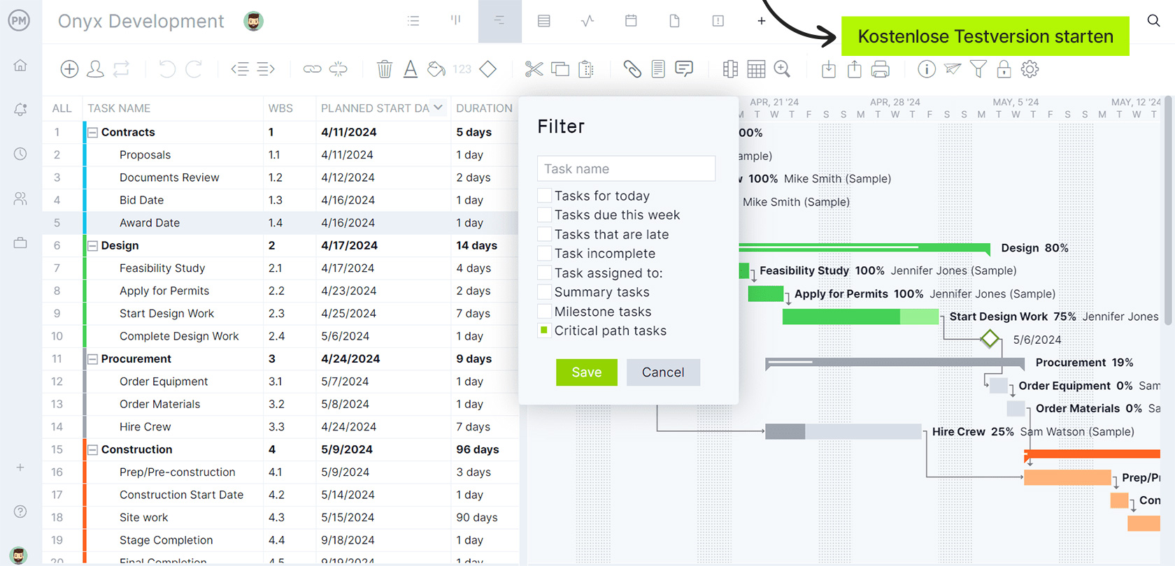 Die Gantt-Diagramme von ProjectManager sind das perfekte Projektplanungs-Tool