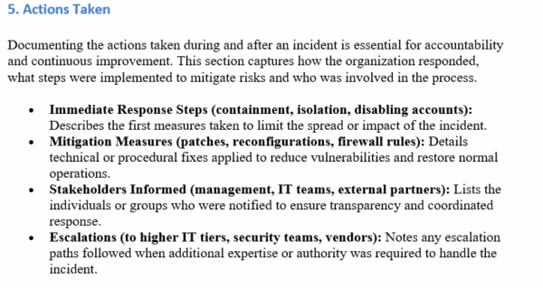 IT incident report template, actions taken