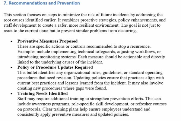IT incident report template, recommendations and preventions