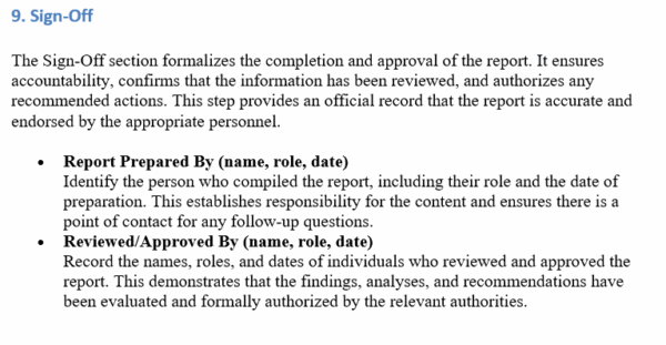 IT incident report template, sign off