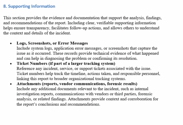 IT incident report template, supporting info
