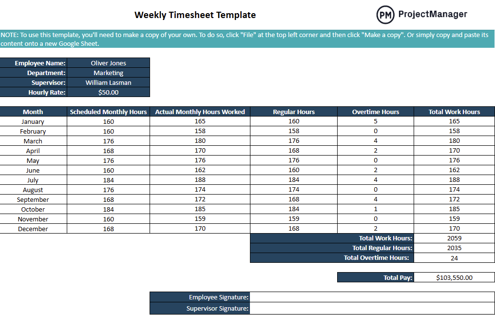 Monthly Timesheet Template for Google Sheets