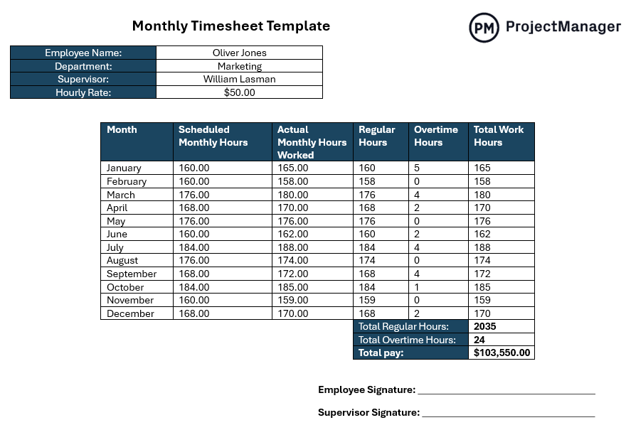 Printable Monthly Timesheet Template for Word