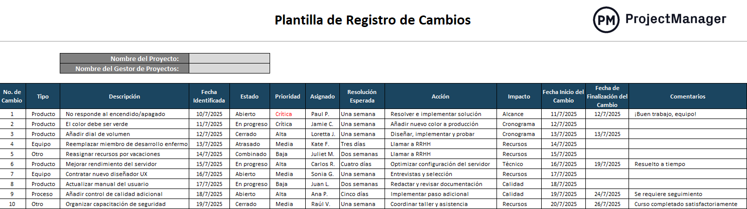 plantilla de registro de cambios para Excel