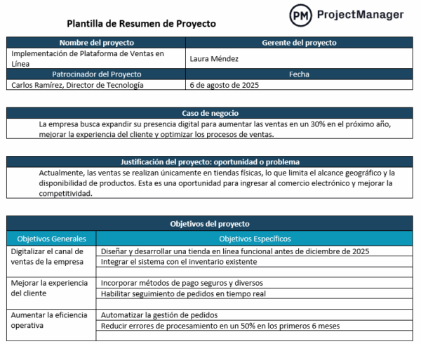 plantilla de resumen de proyecto
