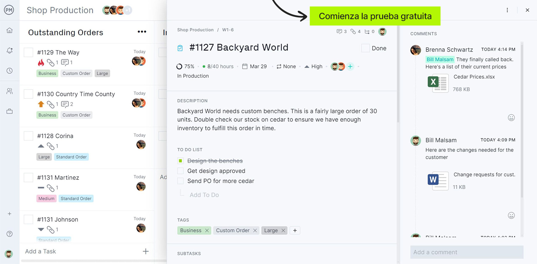Colabora y organiza documentos como el resumen ejecutivo en ProjectManager