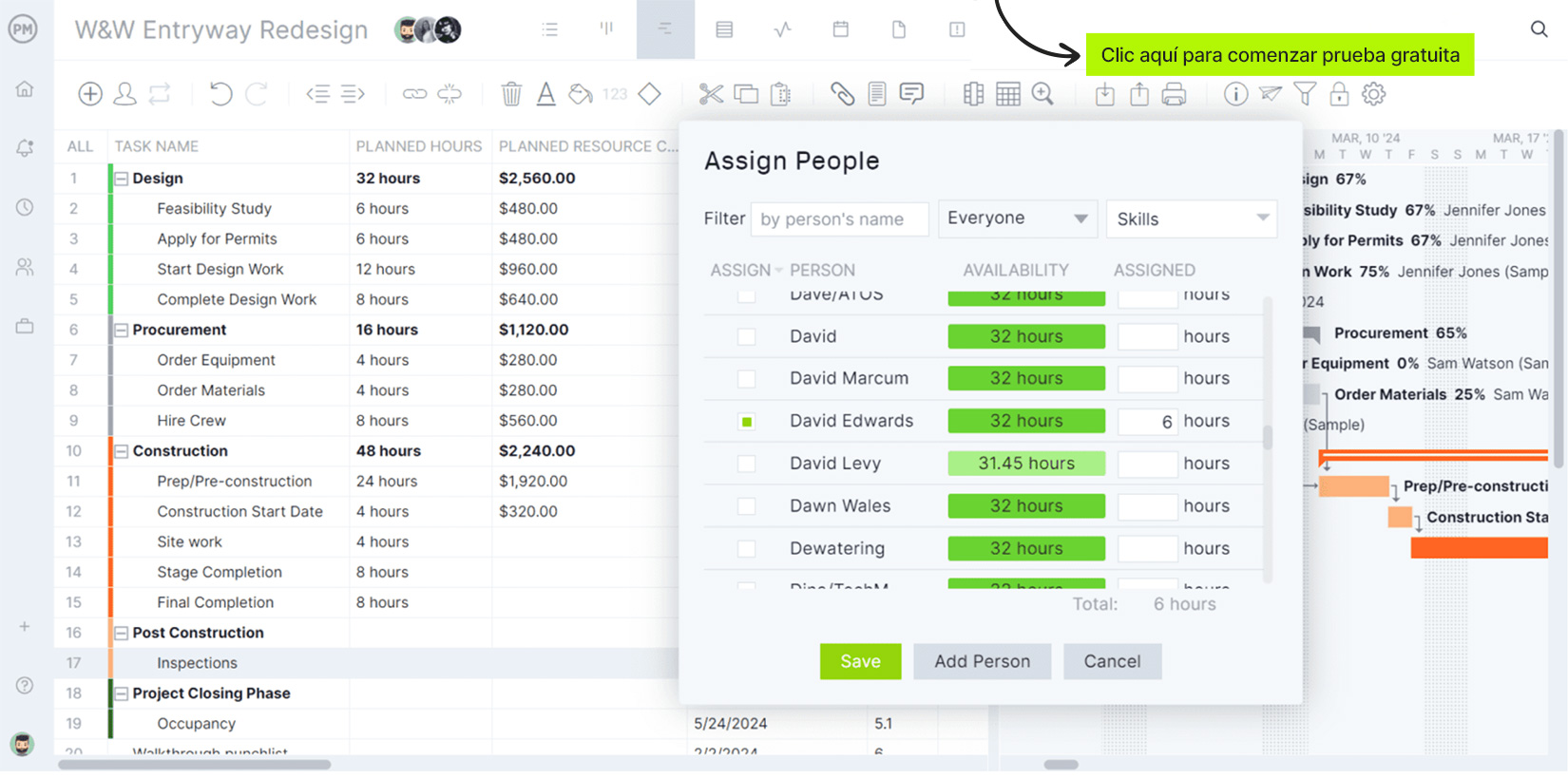 Software de horario de trabajo en ProjectManager