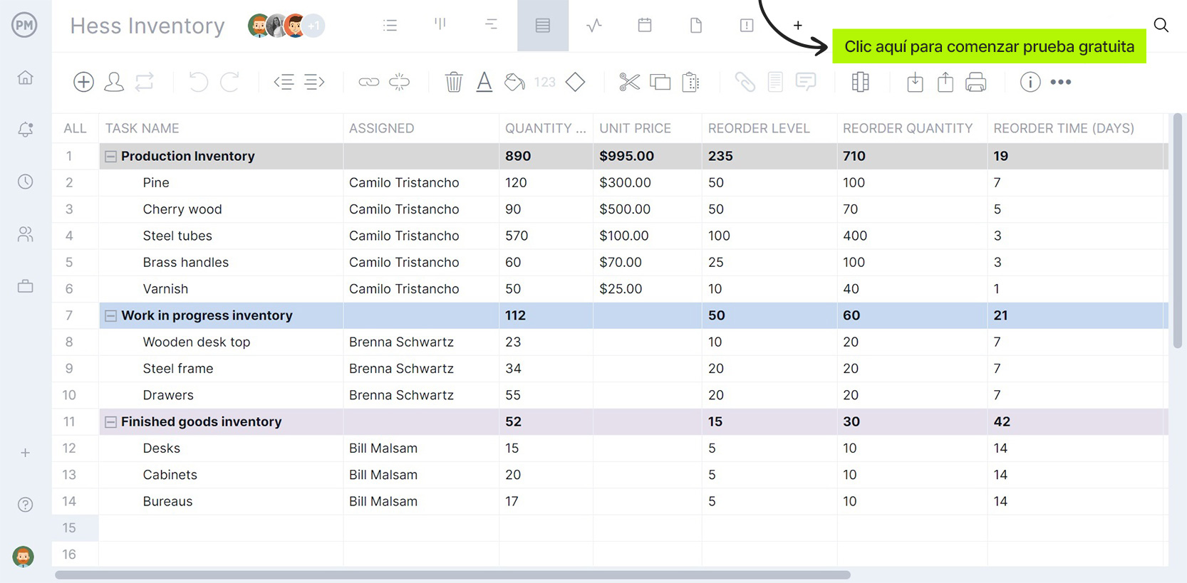 gestión de inventario en ProjectManager en la vista de hoja