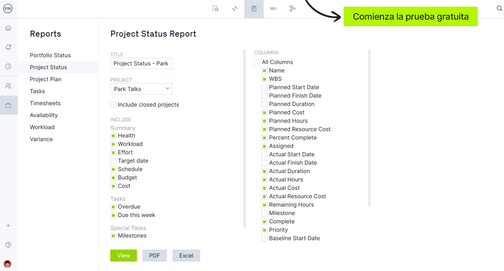 Informe de estado del proyecto en ProjectManager