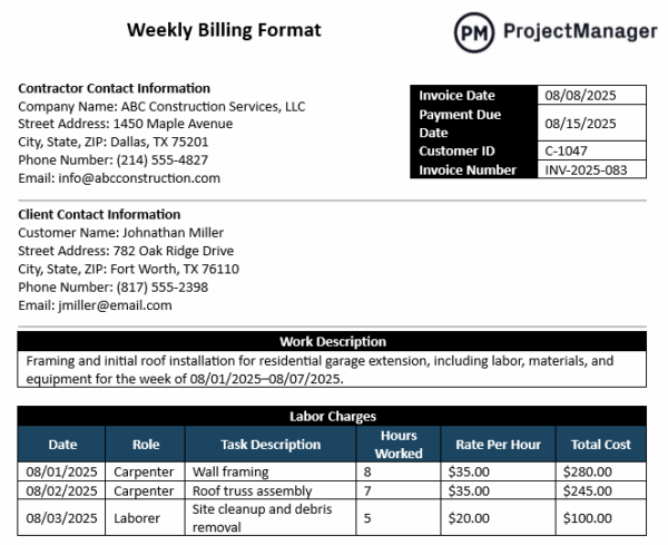 Weekly billing format from ProjectManageer