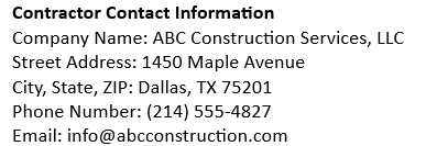 Weekly billing format, contractor contact info