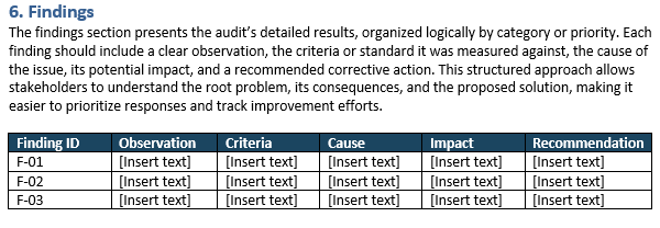 Audit report template, findings