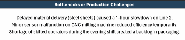 Bottlenecks or production challenges in daily production report