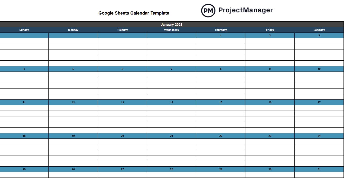Google Sheets Calendar Template 2026