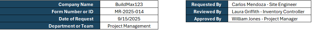 Material requestion form, general info