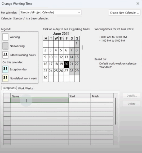 Microsoft Project calendar view