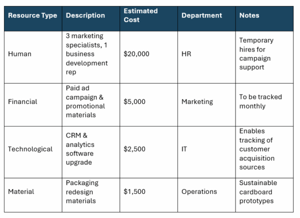Buisness action plan template, resources and budget