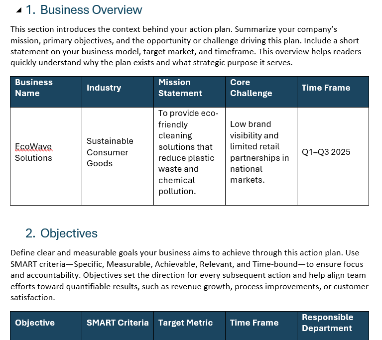 Business action plan template, screenshot