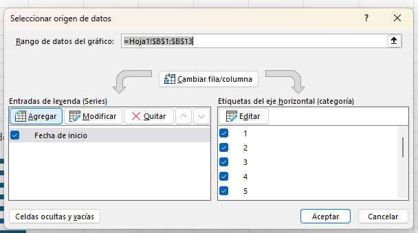 proceso de selección de datos para la leyenda del diagrama de Gantt en Excel