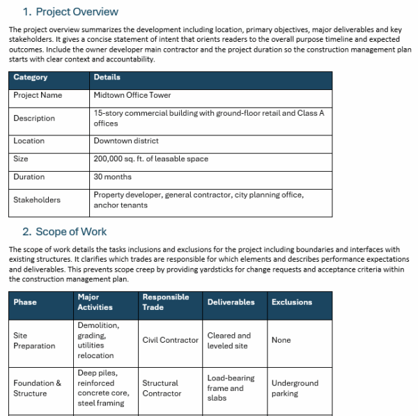 Construction management plan template