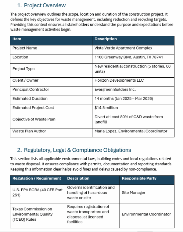 Construction site waste management plan template