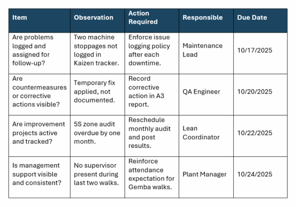 Gemba walk template, continuious improvement