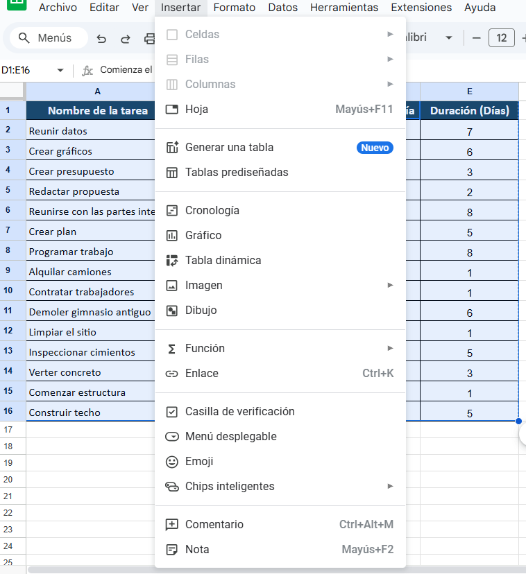 diagrama de Gantt en Google Sheets