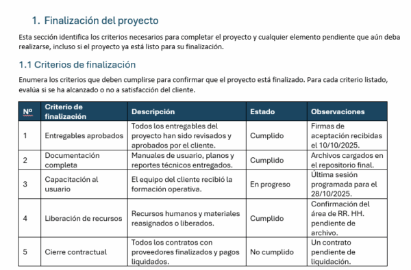 Plantilla de cierre de proyecto