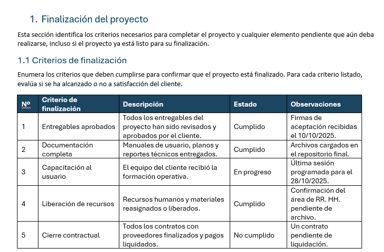 plantilla de cierre de proyecto