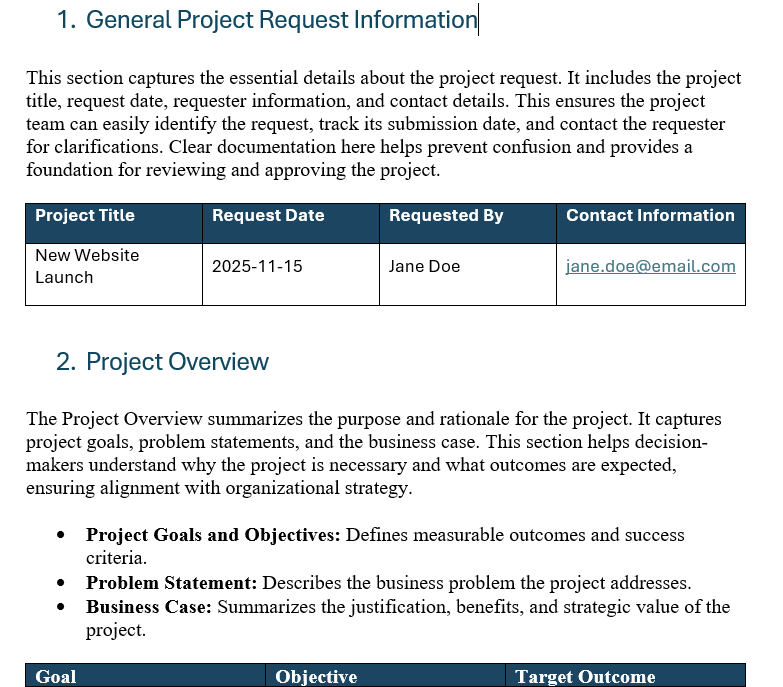 Project request form screenshot
