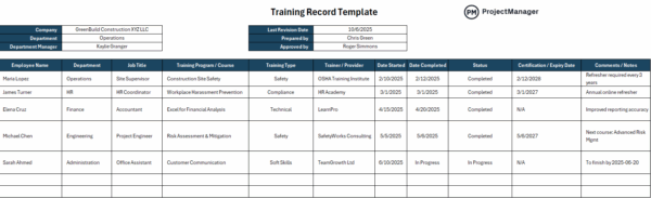 Training record template screenshot