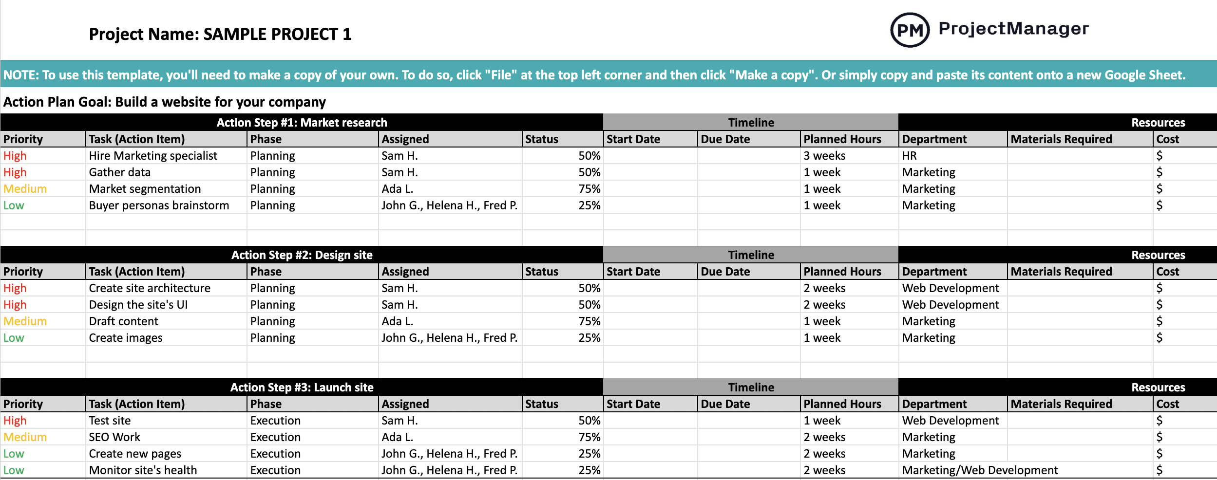 Google Sheets action plan template