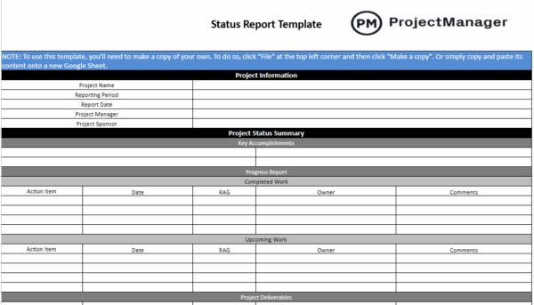 Google sheets project management, project status report