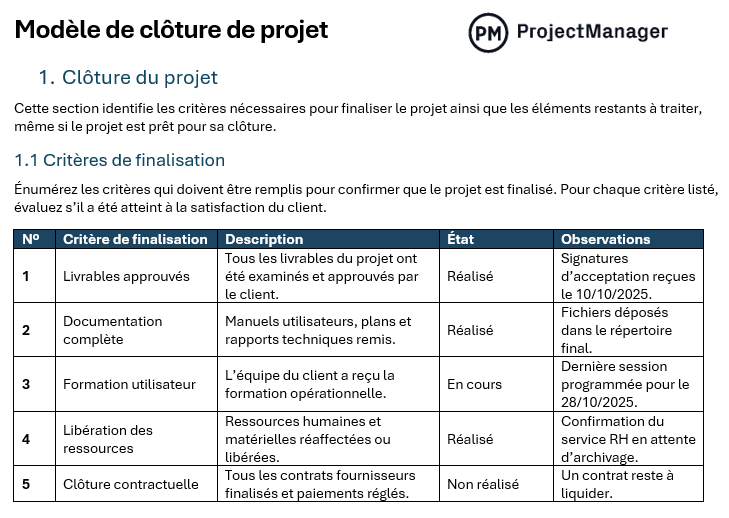 Modèle de clôture de projet