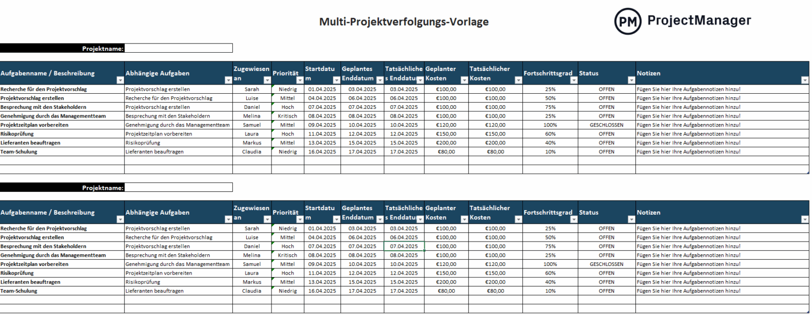 Multi-Projektverfolgungs-Vorlage