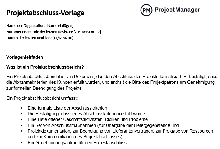 Kostenlose Projektabschluss-Vorlage von ProjectManager