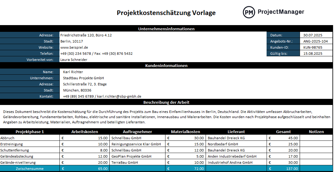 Projektkostenschätzung Vorlage für Excel
