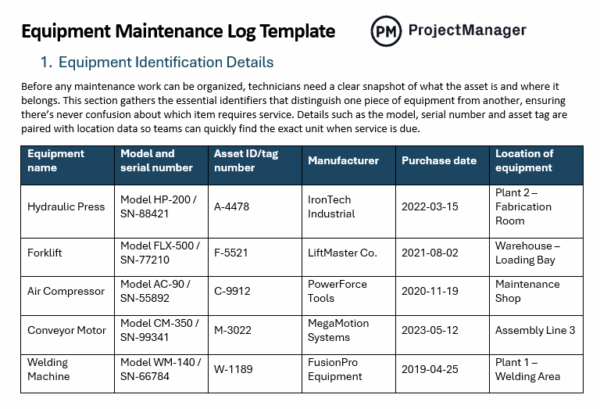 Equipment Maintenance Log Template