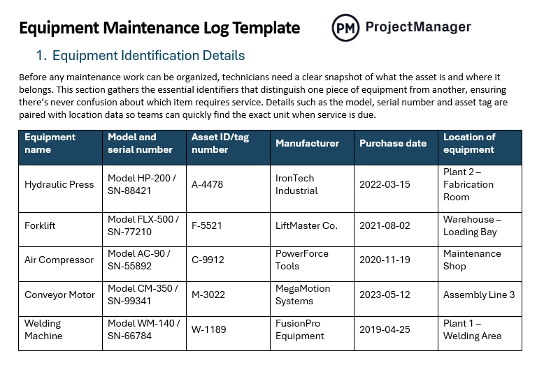 Equipment Maintenance Log Template