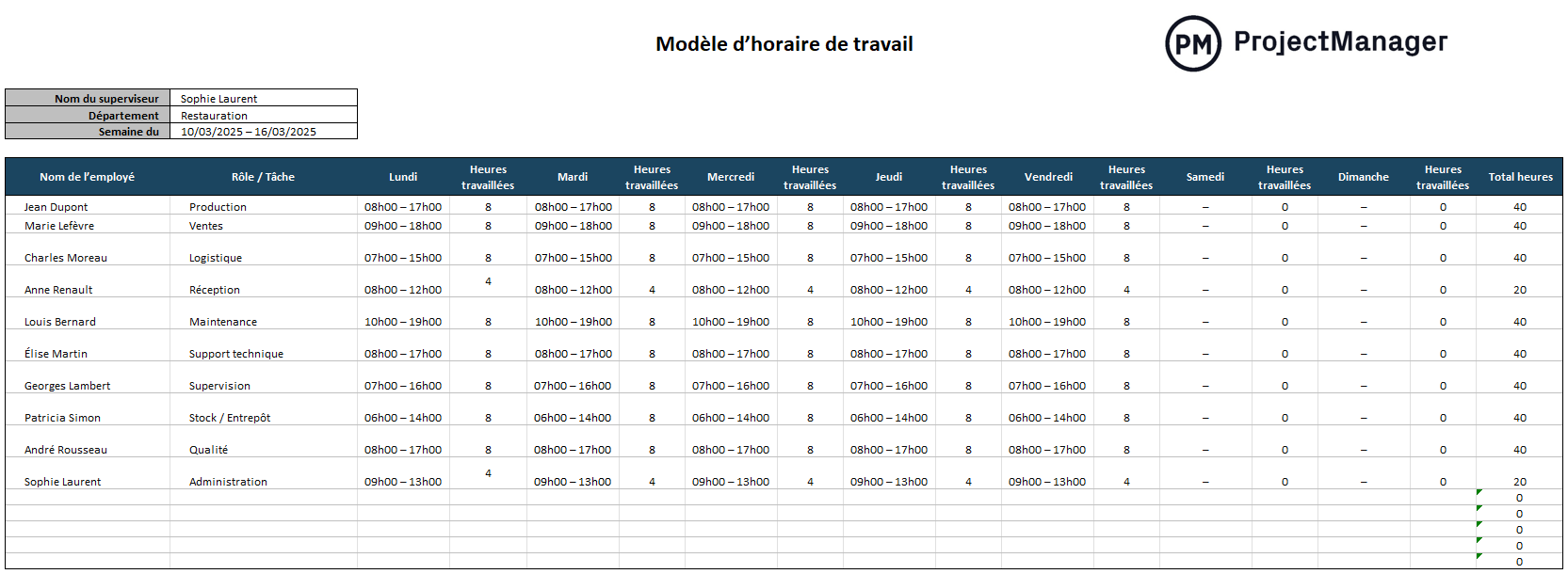 Modèle d’horaire de travail pour Excel