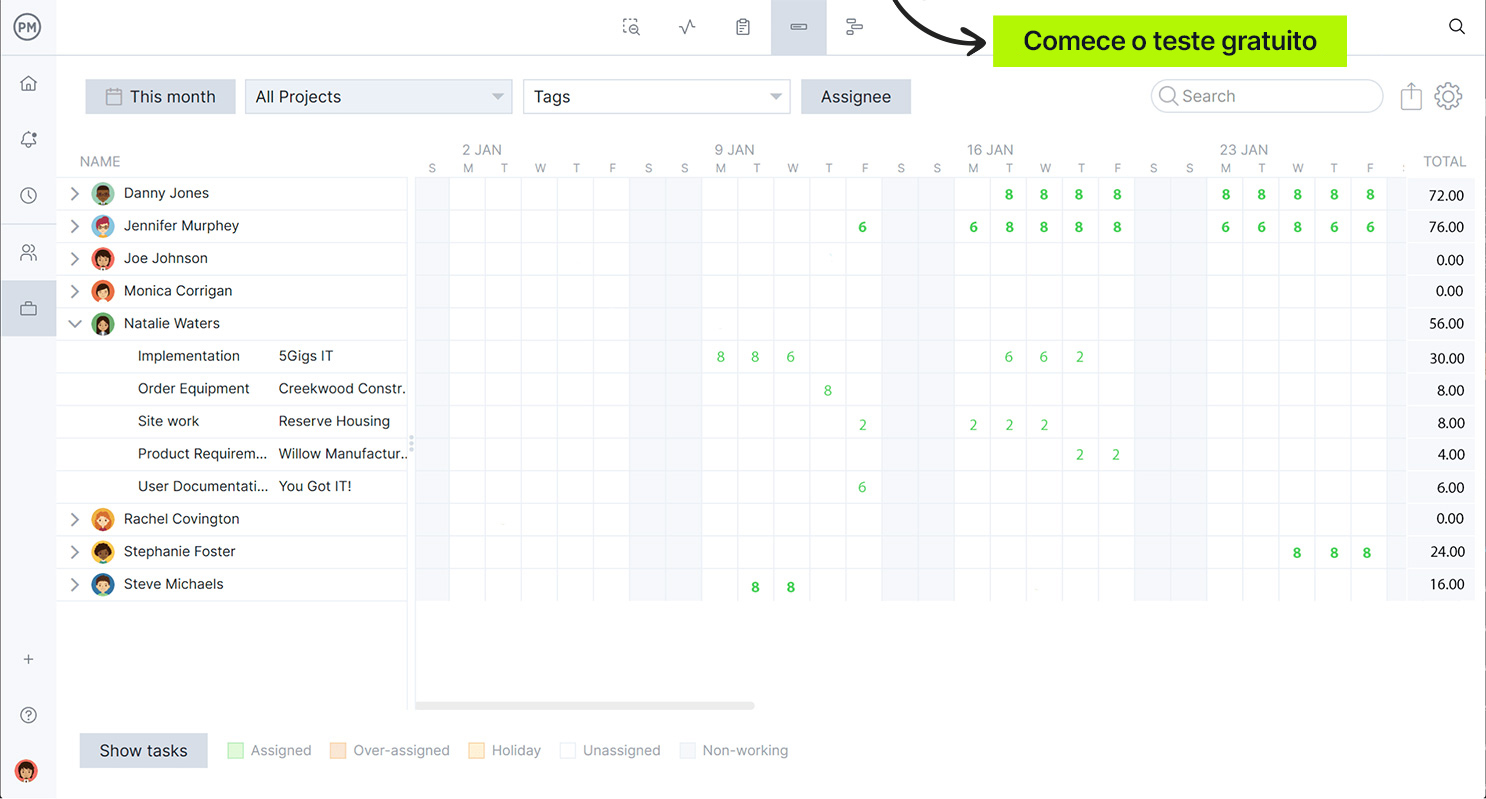 Gráfico de carga de trabalho do ProjectManager no modo claro