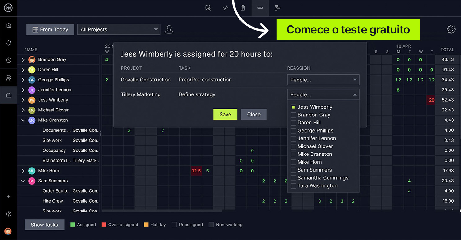 Planilhas de horas online no ProjectManager
