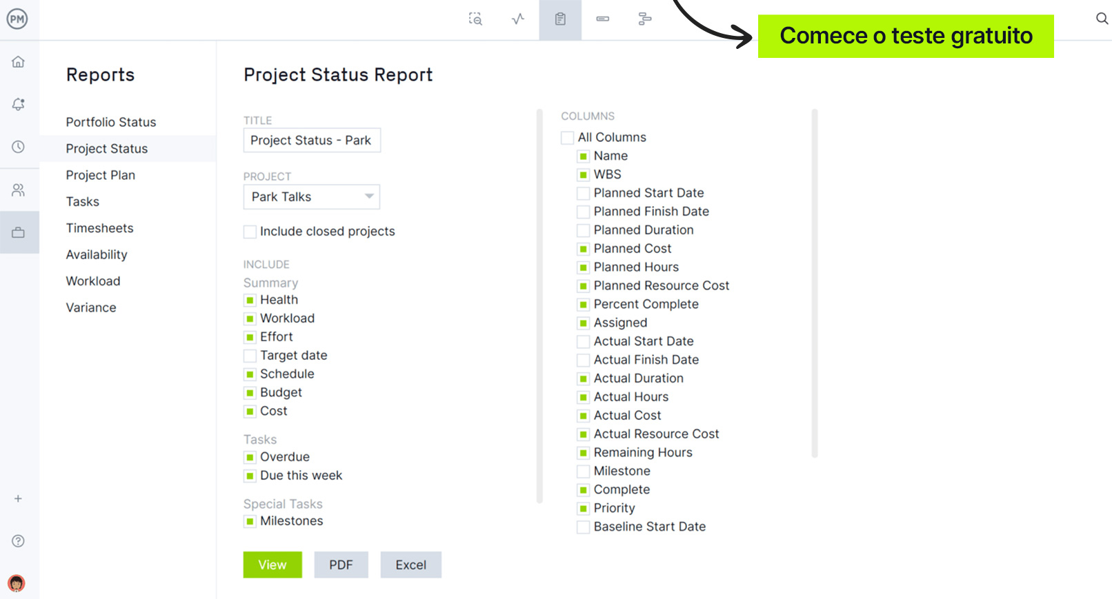 Página de relatórios de status do projeto do ProjectManager